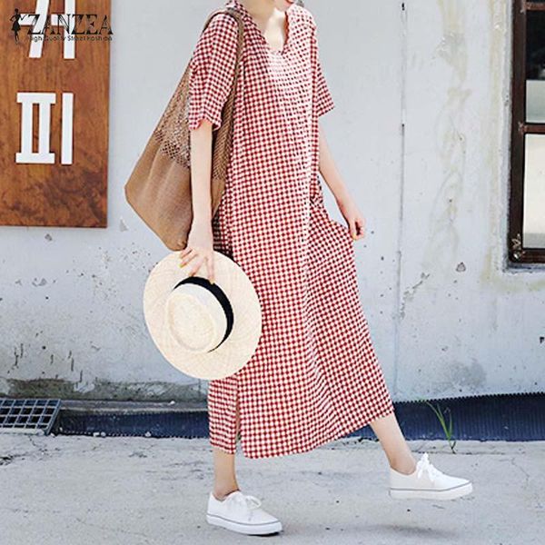 

zanzea vintage plaid платье женщины длинные maxi vestidos 2019 summer casual длинные рубашки сарафан сарафаны проверить платье пляж robe fem, Black;gray