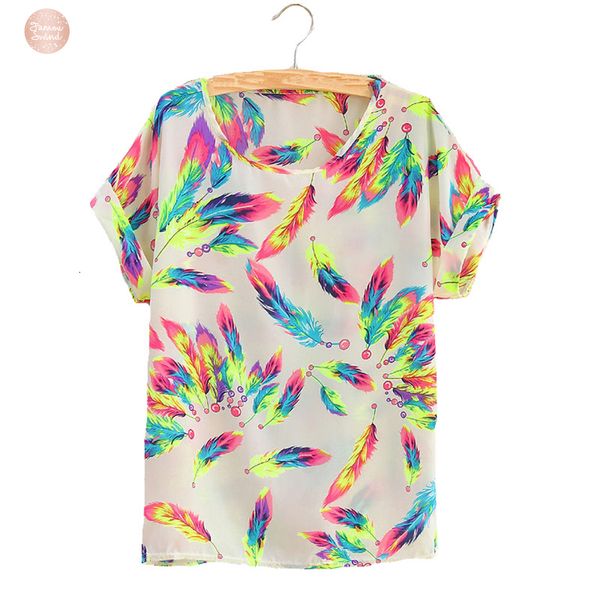 

summer blouse women sunflower bird chiffon print blouse stripe plaid shirt cross polyester love short sleeve blue lipstick shirts, White