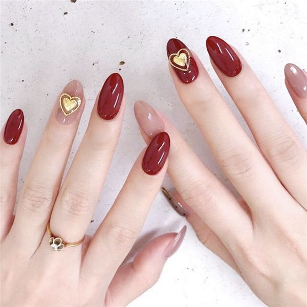 

red and pink with double heart 24 pcs short nails fake piece false acrylic nail tips extension finger tools manicure nail art, Red;gold