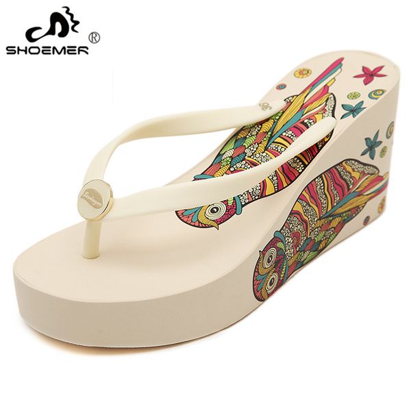 

shoemer new owl summer shoes woman beautifully flip flops heigh heel wedges slippers beach shoes printing slippers zapatos mujer, Black