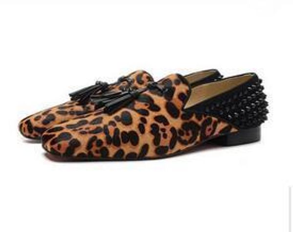 

genuine leather leopard black spikes mens loafers shoes slip on casual flats wedding shoes rivets real pics sapatos size 38-46 s07
