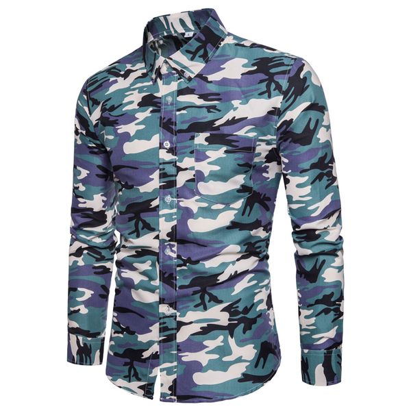 

men fashion camouflage pattern slim fit shirt male long sleeve turn-down collar casual shirt plus size, White;black
