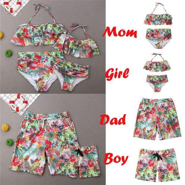 

print family matching swimsuit mother and daughter bikini sets dad and son trunks shorts summer beachwear parents-kids swimwear, Blue