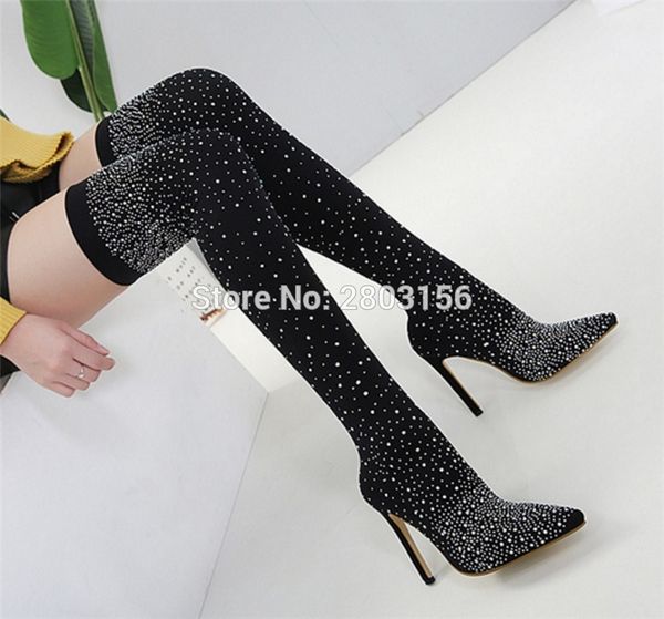 

new arrival bling bling crystal over the knee slim fit long boots glittering thin high heel thigh high boots dress shoes, Black