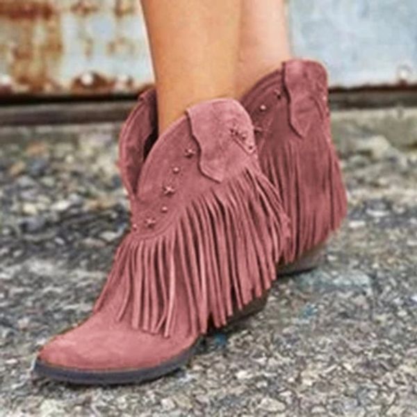 

monerffi autumn women shorts boots pointed toe low heel side zipper fringe retro fashion tassel ankle booties party shoes dress, Black