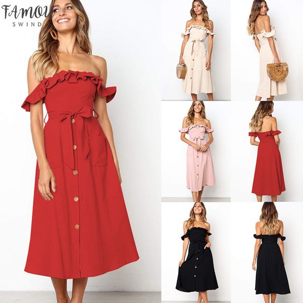 

summer women dress 2020 high waist v-neck off the shoulder single-breasted ruffle solid beach dress female vestidos mujer, Black;gray