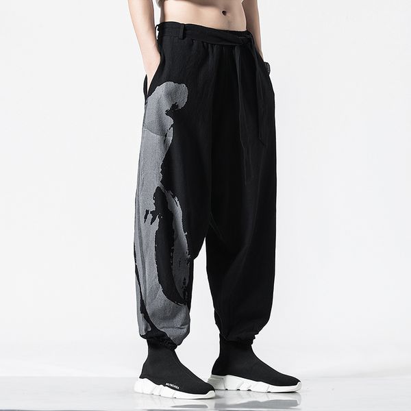 

men casual loose pant streetwear male elastic waist cotton linen print harem trousers joggers sweatpants thailand travel clothes, Black