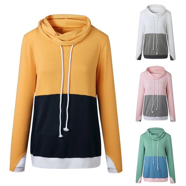 

women color block hoodies sweatshirt drawstring cowl neck long sleeve sweatshirt pullover loose winter autumn sudadera mujer, Black