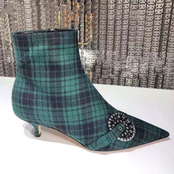

new women's boots denim plaid pointed toe runway shoes women mixed color mid heels booties female metal decor ankle boots women, Black