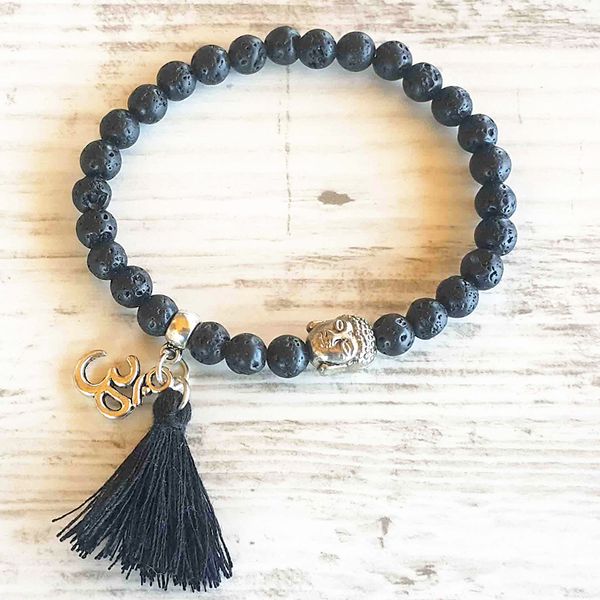 

wholesale buddha ohm beaded tassel bracelet boho bohemian peace tassel 6 mm black lava bracelet stretch, Golden;silver