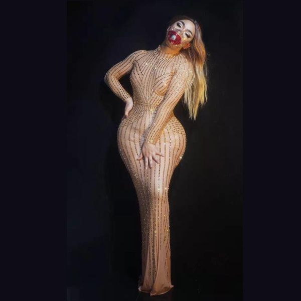 

shining mesh rhinestones long dress women birthday celebrate outfit dress prom party nightclub singer costumes transparent, Black;red