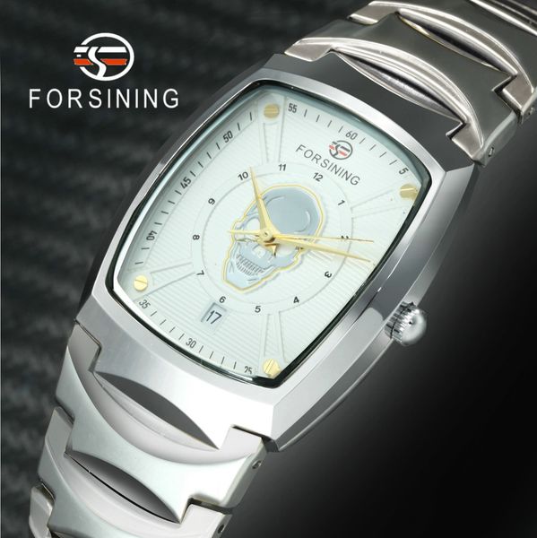

forsining fashion dress mechanical watch men stainless steel strap skull design vogue concise wristwatches, Slivery;brown