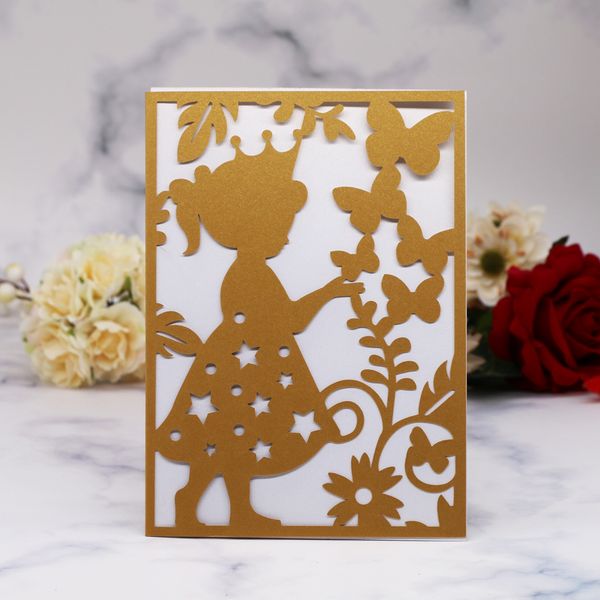 

15pcs hollow laser cut pearl paper wedding card little girl and butterfly patterns spring theme festival card invitation cards, Black