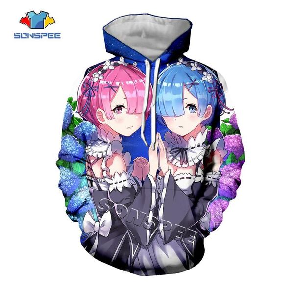 

sonspee re: zero ram and rem 3d аниме девушка печати толстовка уличная одежда хип-хоп смешные мужчины пуловер с капюшоном топы мужские толст, Black