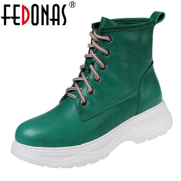 

fedonas women casual lace up sweet ankle boots big size basic winter shoes woman genuine leather warm short boots platform shoes, Black