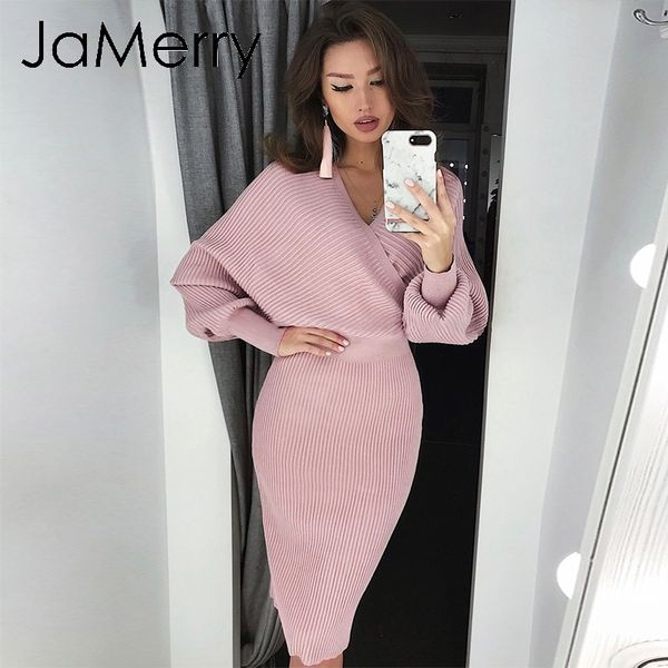 

jamerry урожай сексуальный два кусок набор женщин вязаные платья осень зима batwing рукав миди платье elegant партии свитер платья, Black;pink