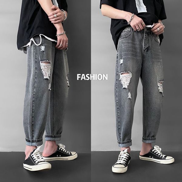 

ripped jeans men's fashion washed casual retro straight jeans men streetwear wild loose hip hop rhole denim pants mens -2xl, Blue