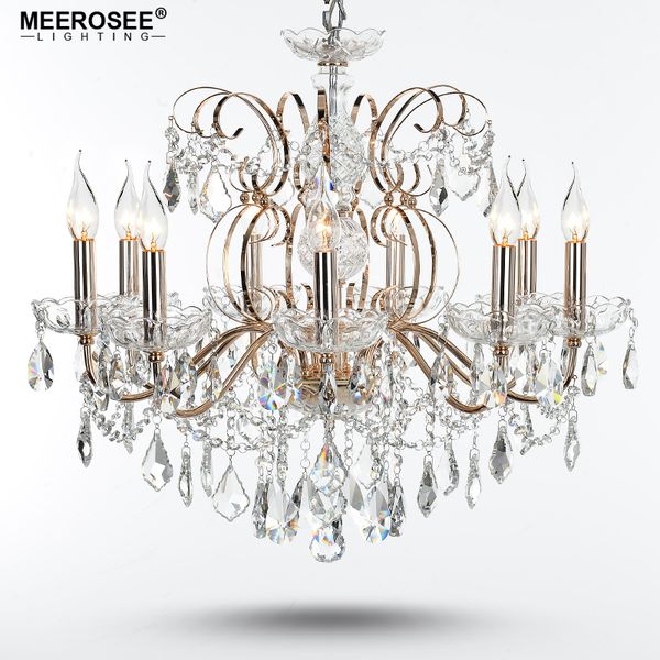 Moda Europeia Vintage K9 Cristais Chandelier Lâmpada 9 Armões Vela Pingente Iluminação Luminárias Ferro Início Iluminação E14 E12 Candelabros Modernos