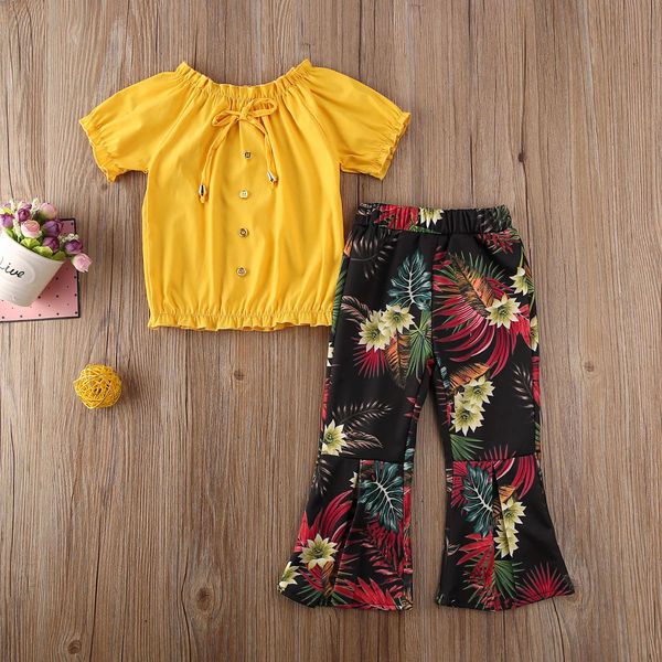 

2020 1-6y toddler baby girls kids clothes sets floral print off shoulder t-shirt +long leg pants outfit clothes set 2pcs, White