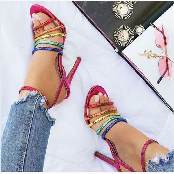 

2020 summer women 11.5cm high heels stripper colorful rainbow sandals female fetish glitter shoes lady valentine sandles, Black