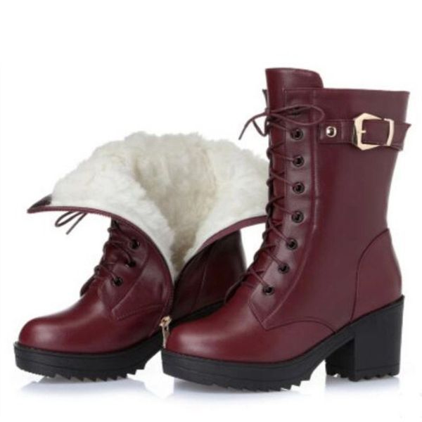 

high-heeled genuine leather women winter boots thick wool warm women martin boots high-quality female snow boots, Black