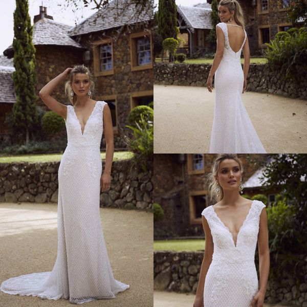 

backless mermaid wedding dresses deep v neck lace appliqued sweep train country wedding dress custom made plus size bridal gown, White