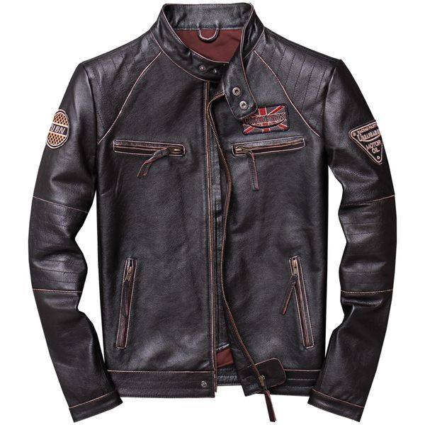 

2019 vintage brown men slim fit motorcycle leather jacket plus size xxxxl genuine cowhide spring biker's coat ing, Black