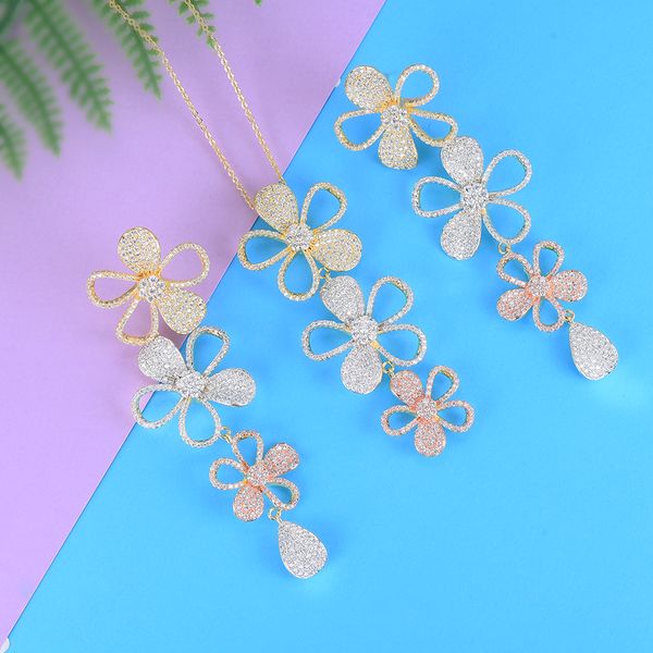 

godki luxury flower lariat necklace earring sets cubic zircon crystal cz jewelry sets for women wedding india bridal jewelry set, Silver