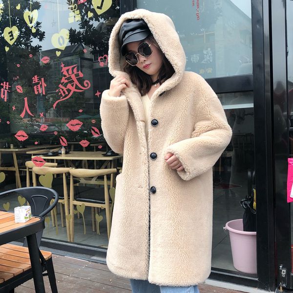 

one new sheared sheep wool fur coat compound fur hooded female long coat, Black