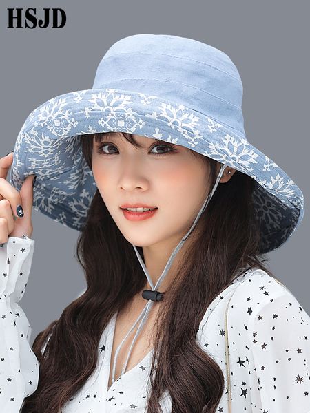

hat summer womens double-sided snowflake sun hats female linen cotton large wide brim anti-uv beach hat lady's floppy bucket, Blue;gray