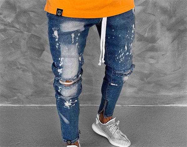 

mens biker represent jeans slim fit holes ripper zipper designer pencil pants kanye style jeans, Blue