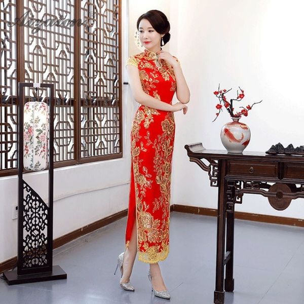 

red chinoise long cheongsam modern bride marry slim vintage gown women chinese wedding dress qipao oriental embroidery qi pao