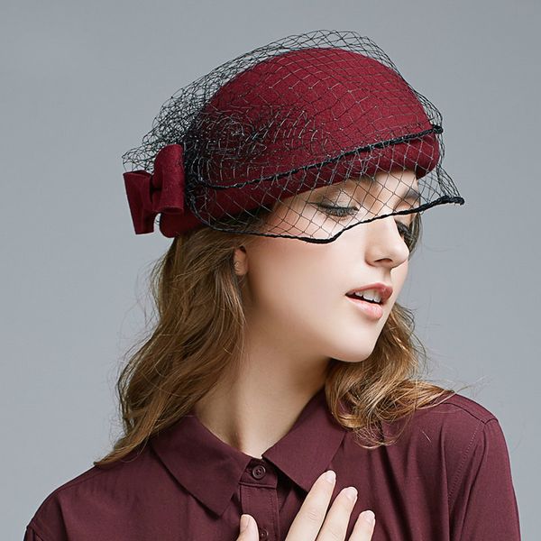 

british fashion women berets wool hat bowknot net yarn korean autumn winter retro ladies hats vintage elegant beret cap h6753, Blue;gray