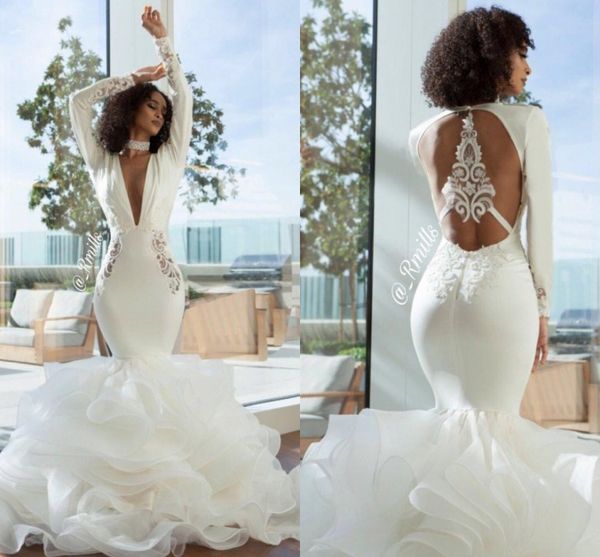 

Новый Русалка Свадебные Платья Турция 2019 Open Back Ярусы Юбка Оборками Глубокий V Шеи