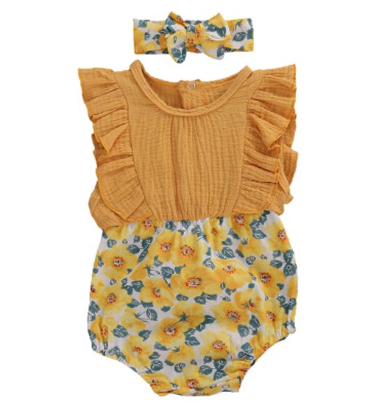 

младенец шнурка втулки bodysuit младенца лета девушки сладкие цветочные печати круглый воротник сращивание комбинезон + лук головной убор se, White