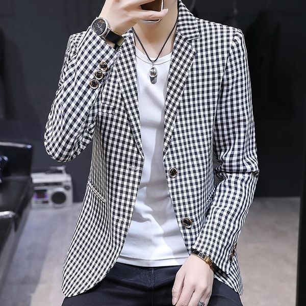 

new mens checks plaids blazers jacket single breasted slim fit coat business casual male jackets u9, White;black