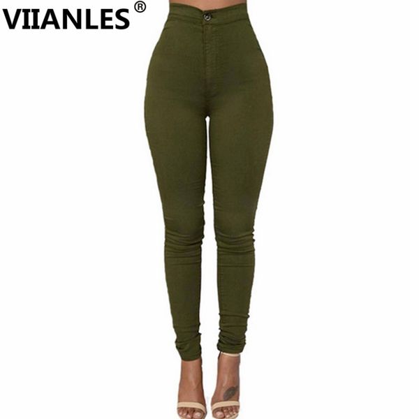 

viianles women pencil pants stretch casual skinny solid pants high waist trousers jeans women high elastic female denim jeans, Blue