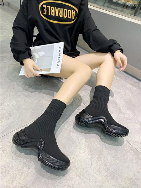 

2019 new knitted stretch socks shoes short boots women's wild fashion muffin bottom sleeve comfortable casual socks boots boots, Black