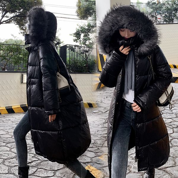 

2019 winter women's down parkas winter jacket big fur thick slim long coat fashion zipper hooded female long outerwear, Tan;black