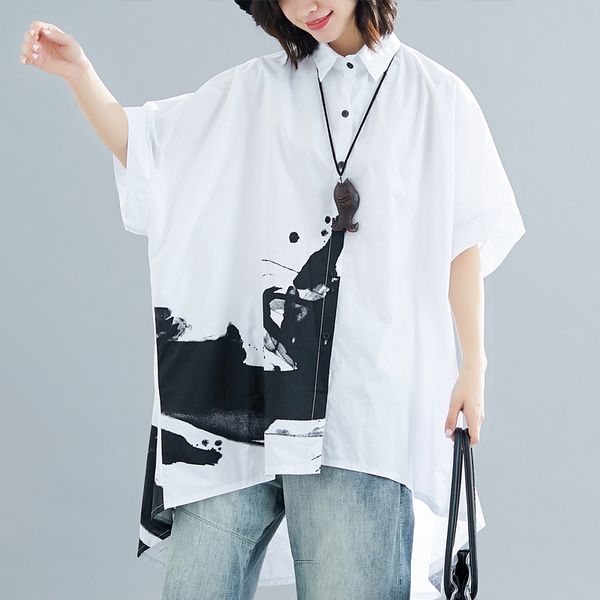 

blouse women large size summer literary printed short-sleeve slimming irregular short sleeve batwing sleeve women top, White