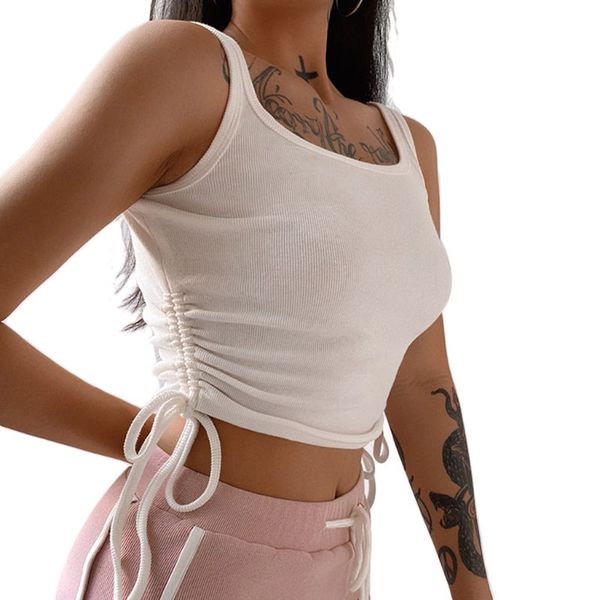 

women sleeveless side ruched drawstring crop ribbed knit slim fit camis vest, White