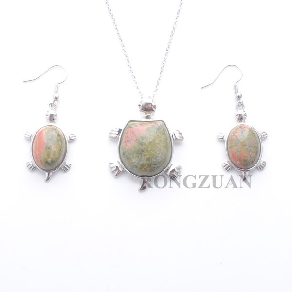 

fashion jewelry set dangle earrings necklace for women natural stone unakite jasper tortoise shape pendant chain 18" dq3104, Silver
