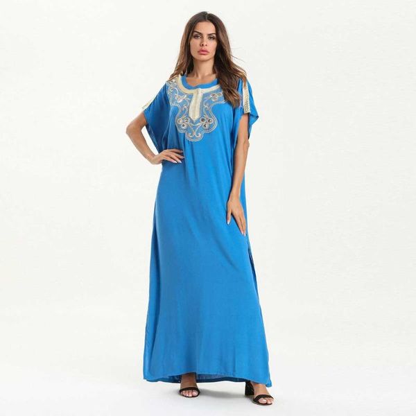 

ethnic clothing embroidery muslim maxi dress summer bohemian women sundress short sleeve blue abaya dubai islamic uae arabic cotton robe kaf, Red