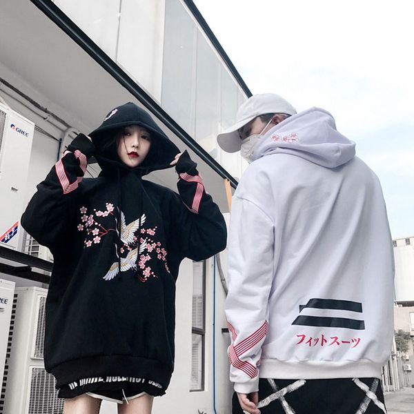

cranesembroidered flowers add hair thickening hooded fleece single men and women lovers loose bf hip-hop cap unlined upper garm, Black
