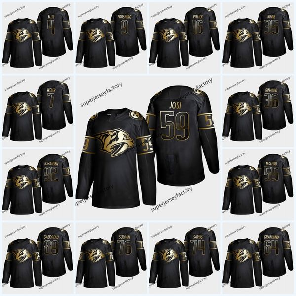 

2019 Golden Edition Nashville Predators Jersey 9 Forsberg 12 Mike Fisher 35 Pekka Rinne 59 Roman Josi 76 PK Subban 92 Ryan Johansen Hockey
