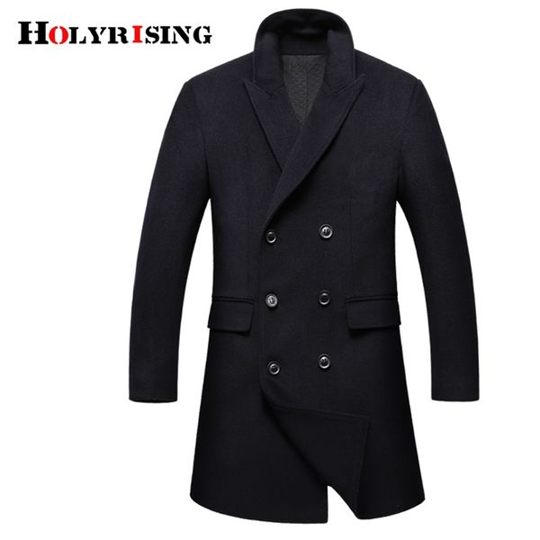 

holyrising men wool coats double button man peacoat thick manteau homme hiver costume coat turn collar overcoat clothing 18619-5, Black
