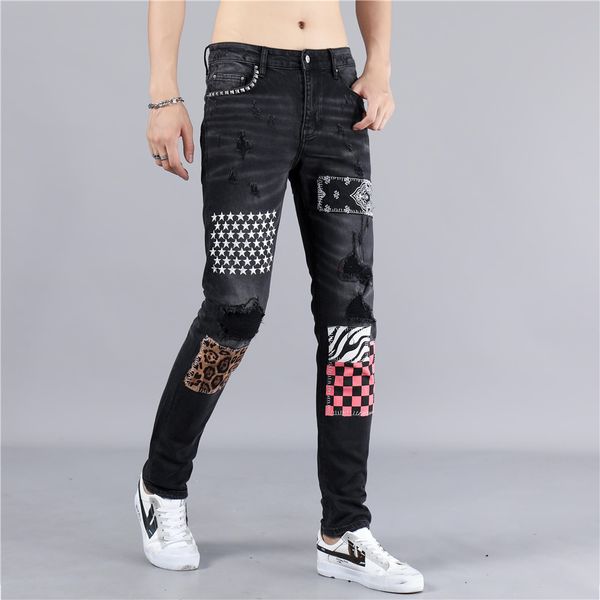 

new mens jeans hip hop pants designer jeans ripped biker jeans slim fit motorcycle denim size 29-38, Blue