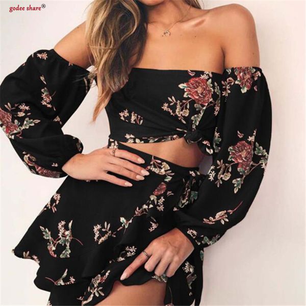

flower printed women clothing set two pieces & skirt slash neck long sleeve spring femme outfits woman clothes, White