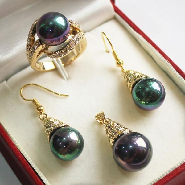 

noble new jewelry purple 18kgp + 12mm shell pearl pendant, earring, , ring set jade, Black