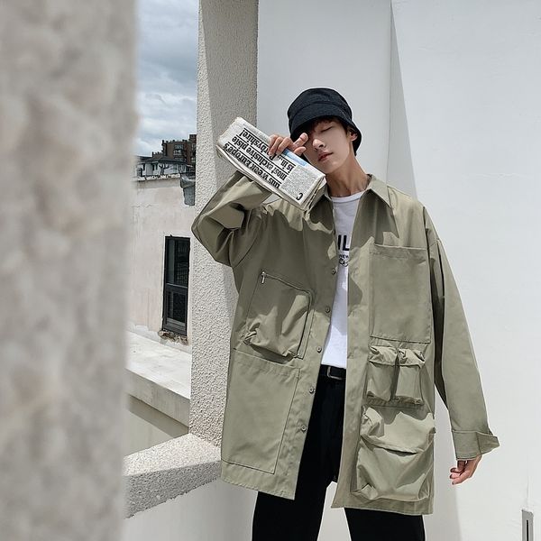 

autumn new jacket men fashion solid color casual multi-pocket tooling jacket man streetwear wild hip-hop loose bomber, Black;brown